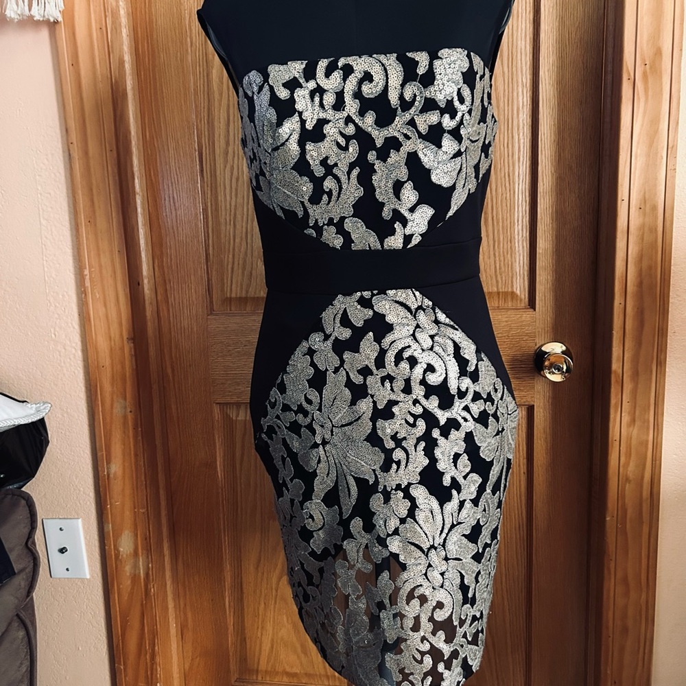 Studio One Black and Silver Strapless Sheath Dress